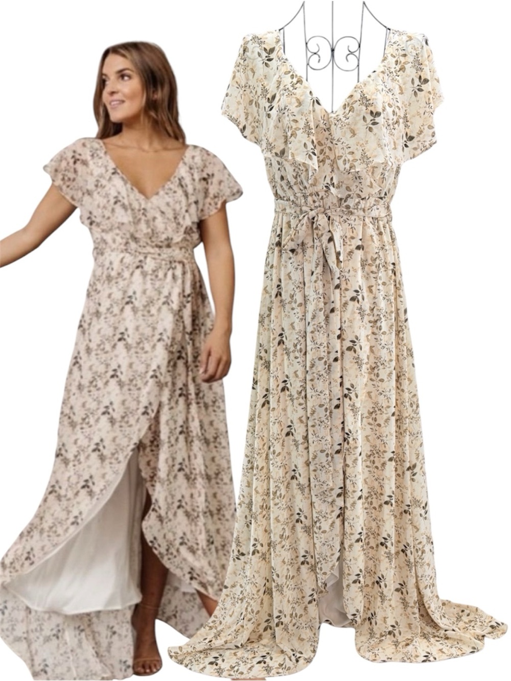 NEW Baltic Born Beige Floral Leaf Feminine Ruffle Wrap Maxi Dress Size Medium